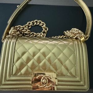 Chanel Boy Flap Bag Quilted Patent Small Gold